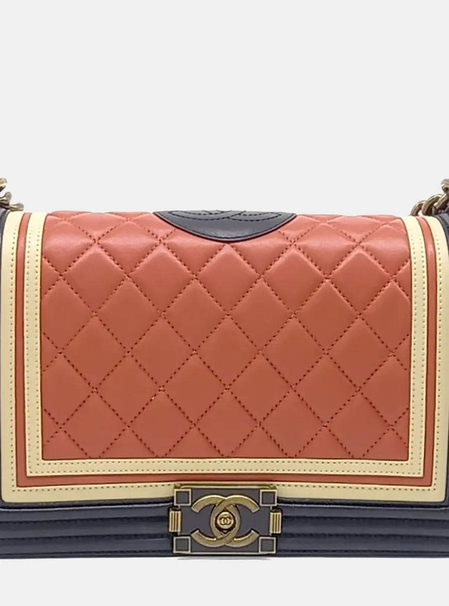 Chanel Boy Medium Orange Navy Blue Cream Quilted Leather Flap Bag