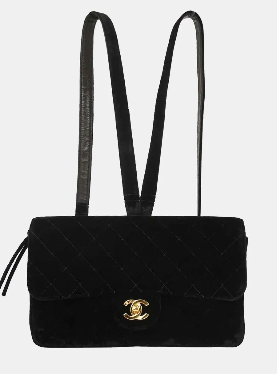 Chanel Flap Backpack Black Quilted Velvet Backpack Bag