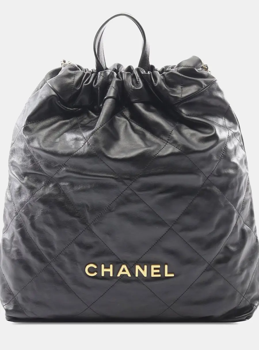Chanel 22 Backpack Black Quilted Calfskin Leather Drawstring Bag