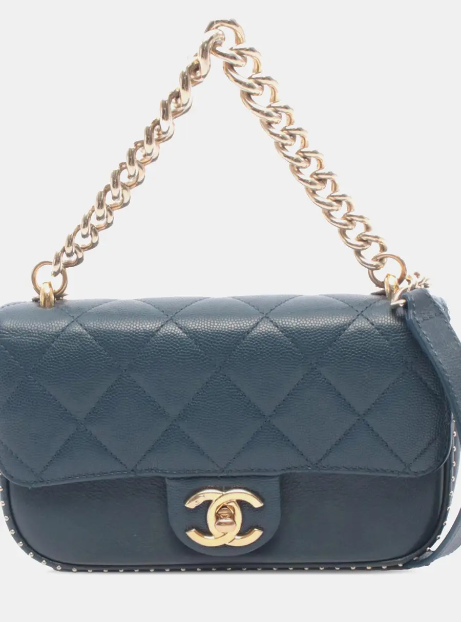 Chanel Studded Chain Handle Small Blue Caviar Leather Shoulder Bag