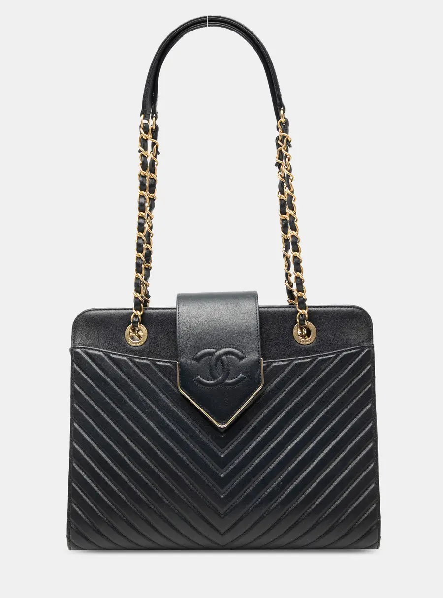 Chanel Chevron Collar and Tie Tote Black Calfskin Leather Top Handle Bag