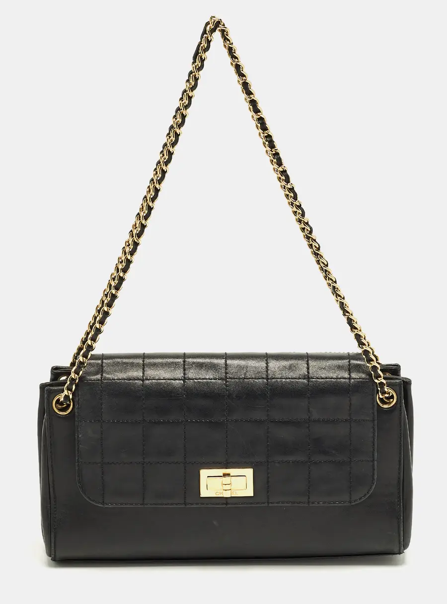 Chanel Accordion Flap Black Chocolate Bar Quilted Leather Bag