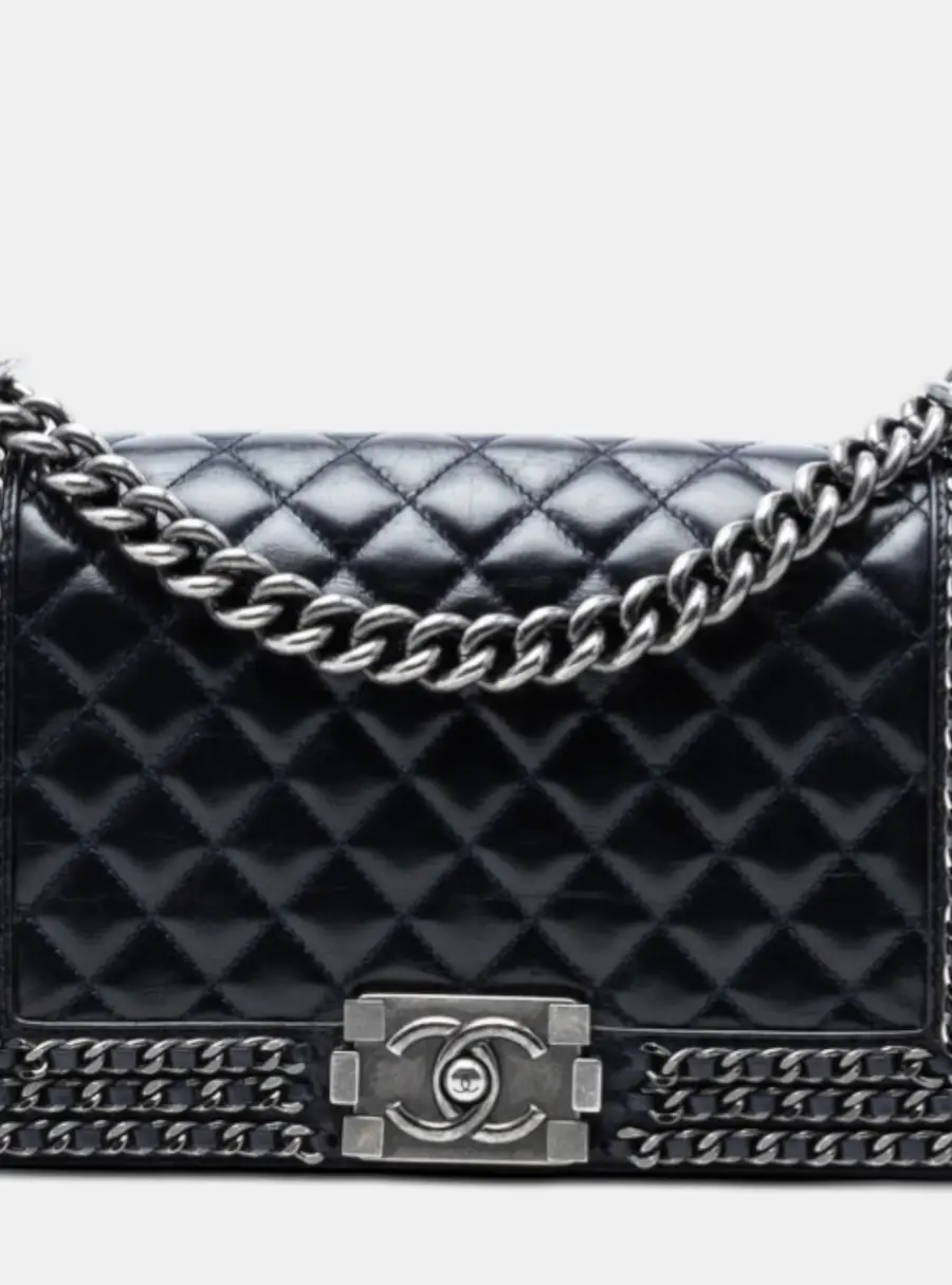 Chanel Boy Old Medium Blue Glazed Calfskin Leather Shoulder Bag