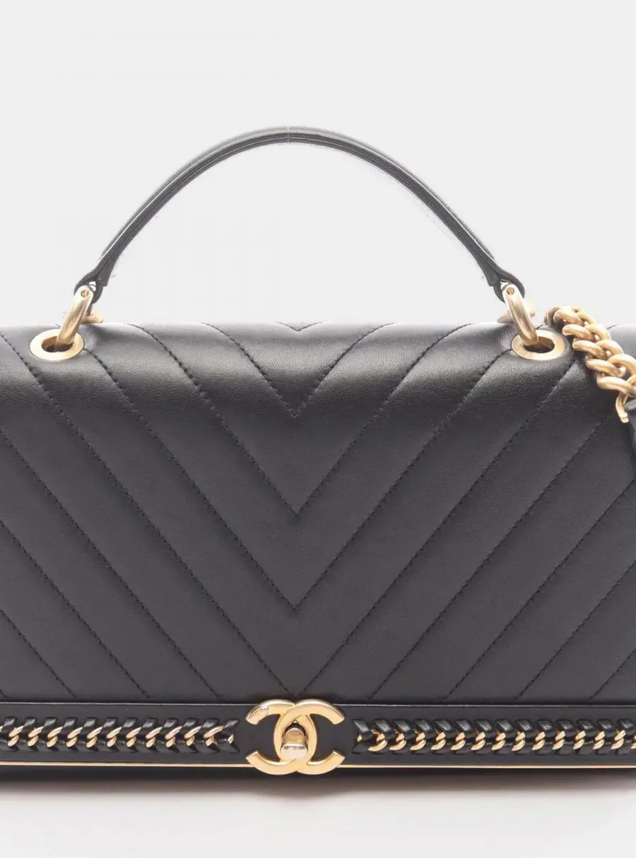 Chanel Chanel Top Handle V-Stitch Shoulder Bag Handbag Lambskin Leather Black