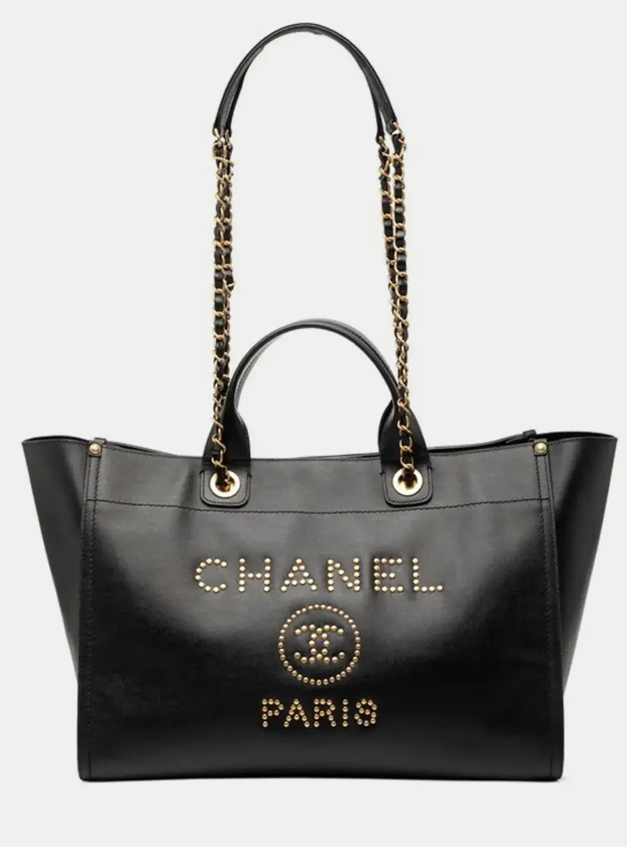 Chanel Deauville Logo Stud Tote Shoulder Bag Black Caviar Leather
