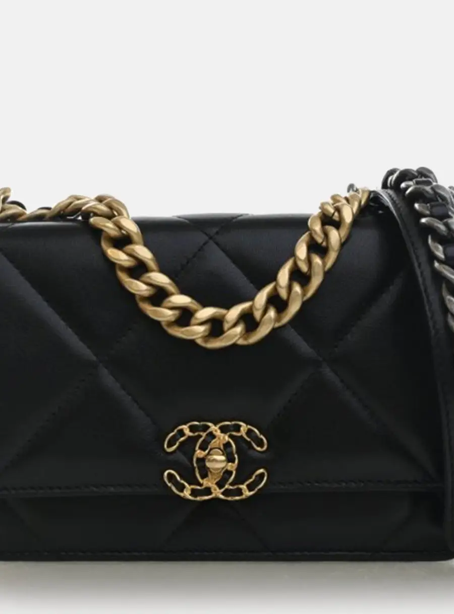 Chanel 19 Wallet On Chain Black Shiny Lambskin Leather Crossbody Bag