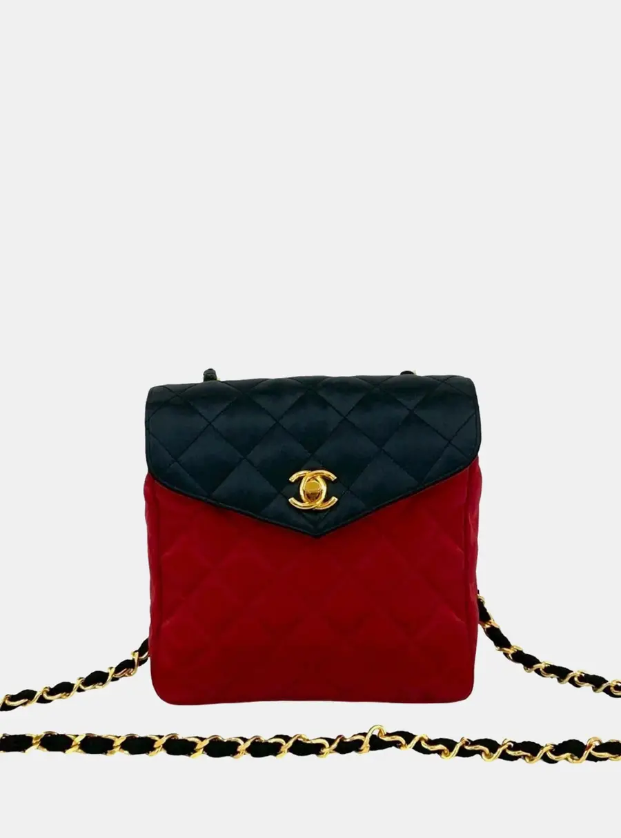 Chanel Vintage Matelasse Coco Mark Satin Chain Shoulder Bag In Black And Red