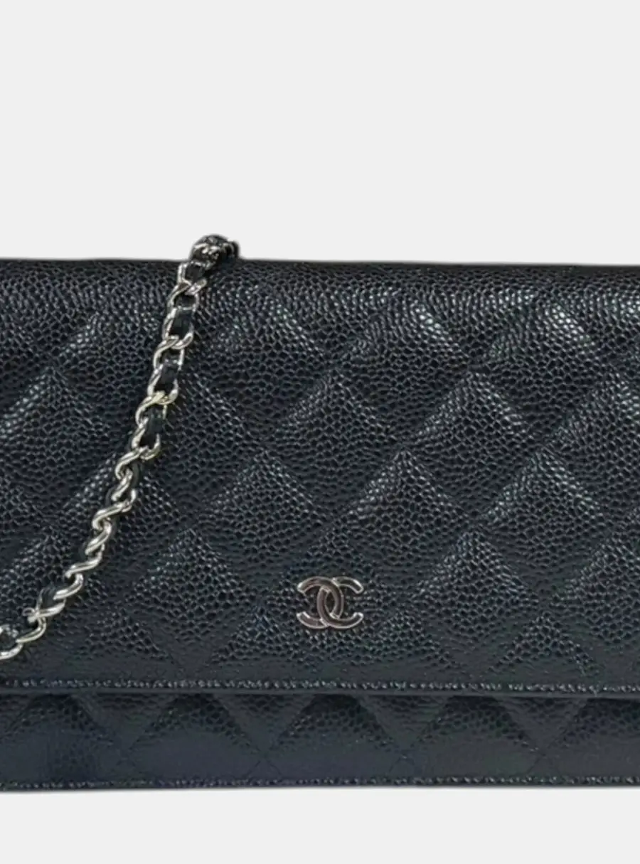 Chanel Shoulder Bag Caviar Skin Black Chain Wallet