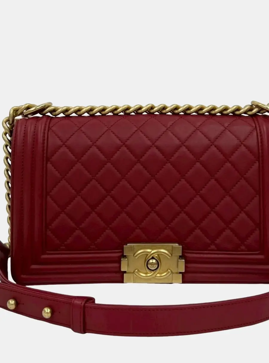 Chanel Boy Chanel Lambskin Coco Mark Chain Shoulder Bag In Red