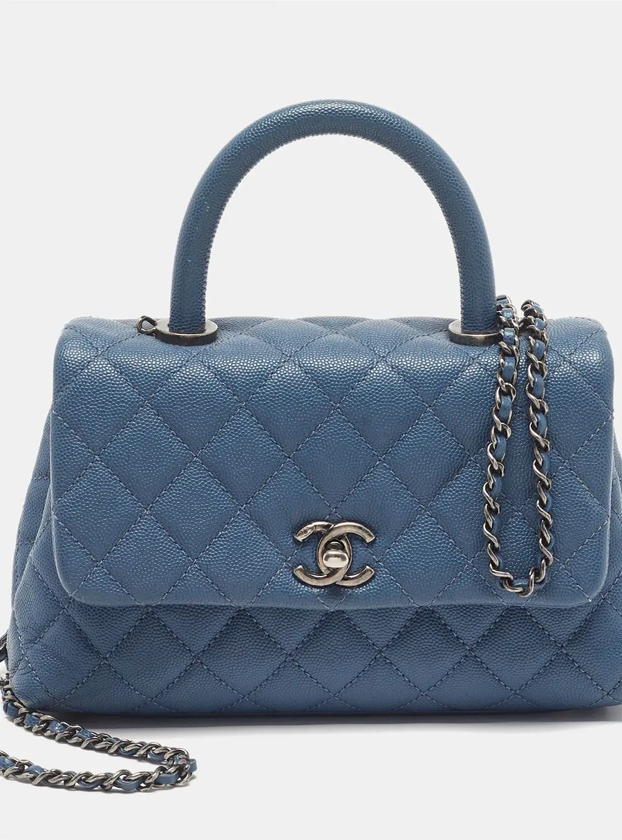Chanel Coco Mini Blue Quilted Caviar Leather Top Handle Bag