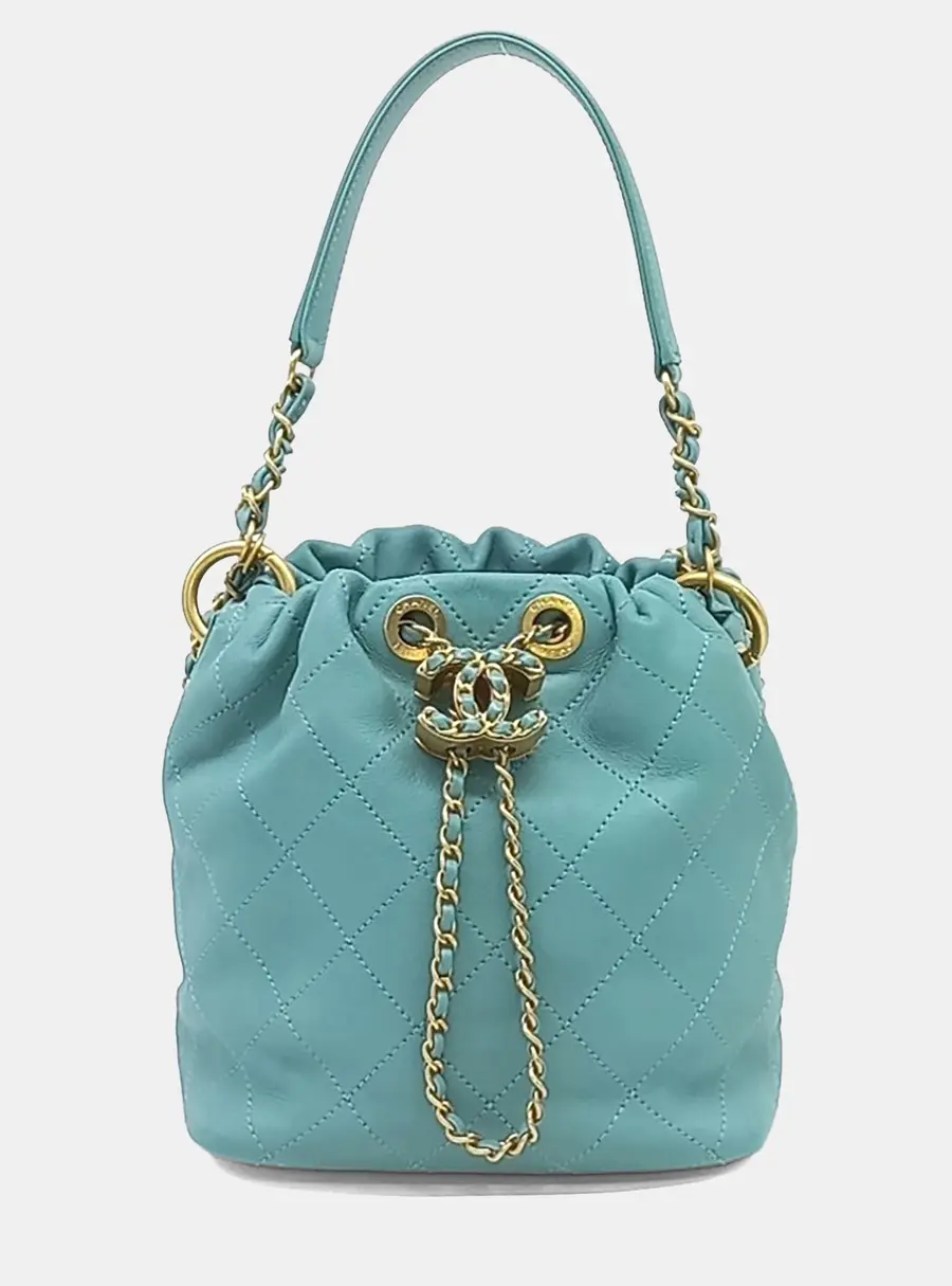 Chanel Drawstring Bucket Small Blue Quilted Leather Shoulder Bag