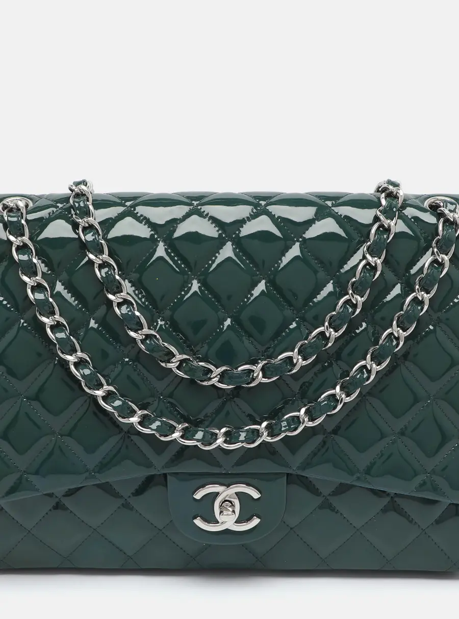 Chanel Classic Double Maxi Green Quilted Patent Leather Flap Bag