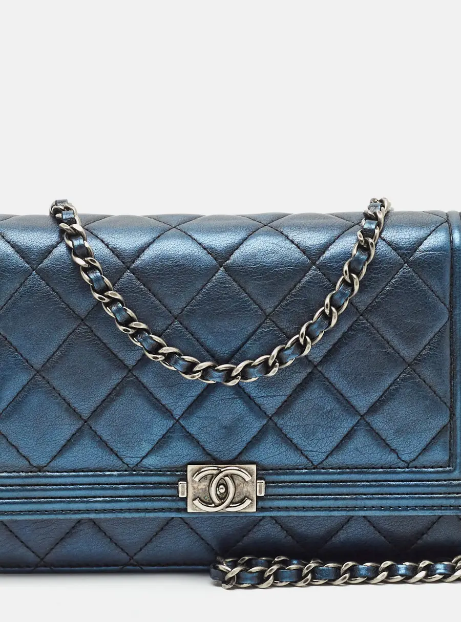 Chanel Boy Metallic Blue Quilted Leather Wallet On Chain