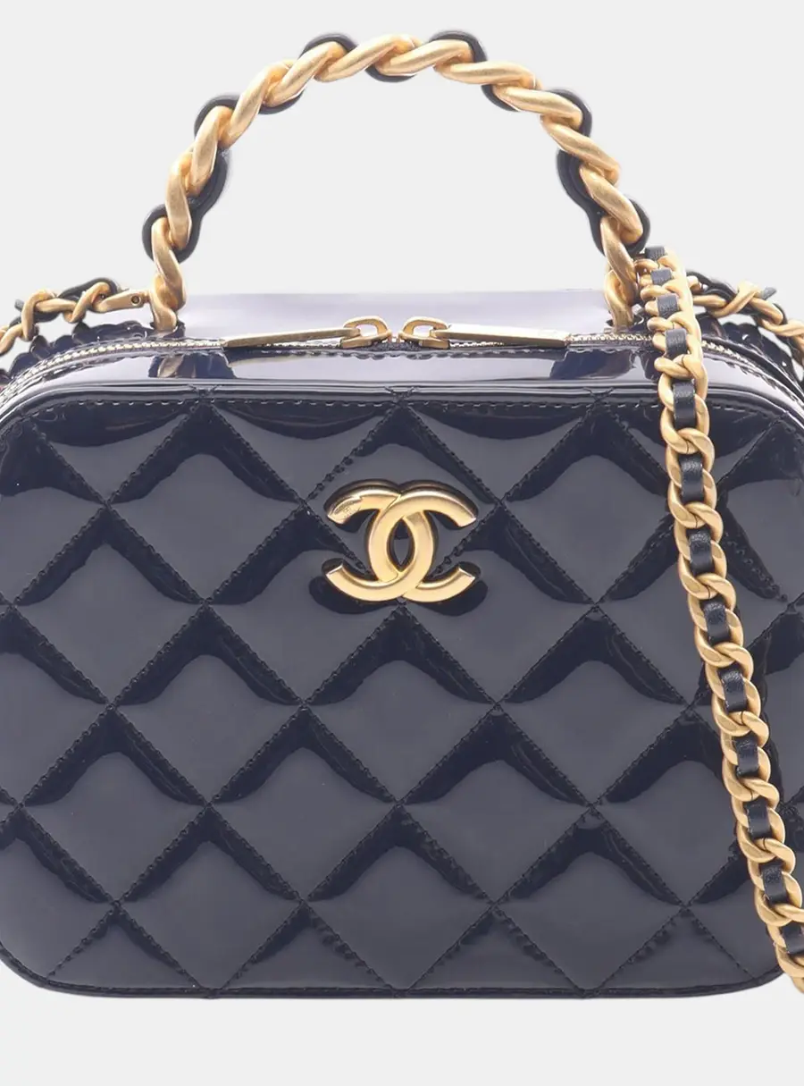Chanel CC Quilted Small Blue Patent Leather Vanity Bag