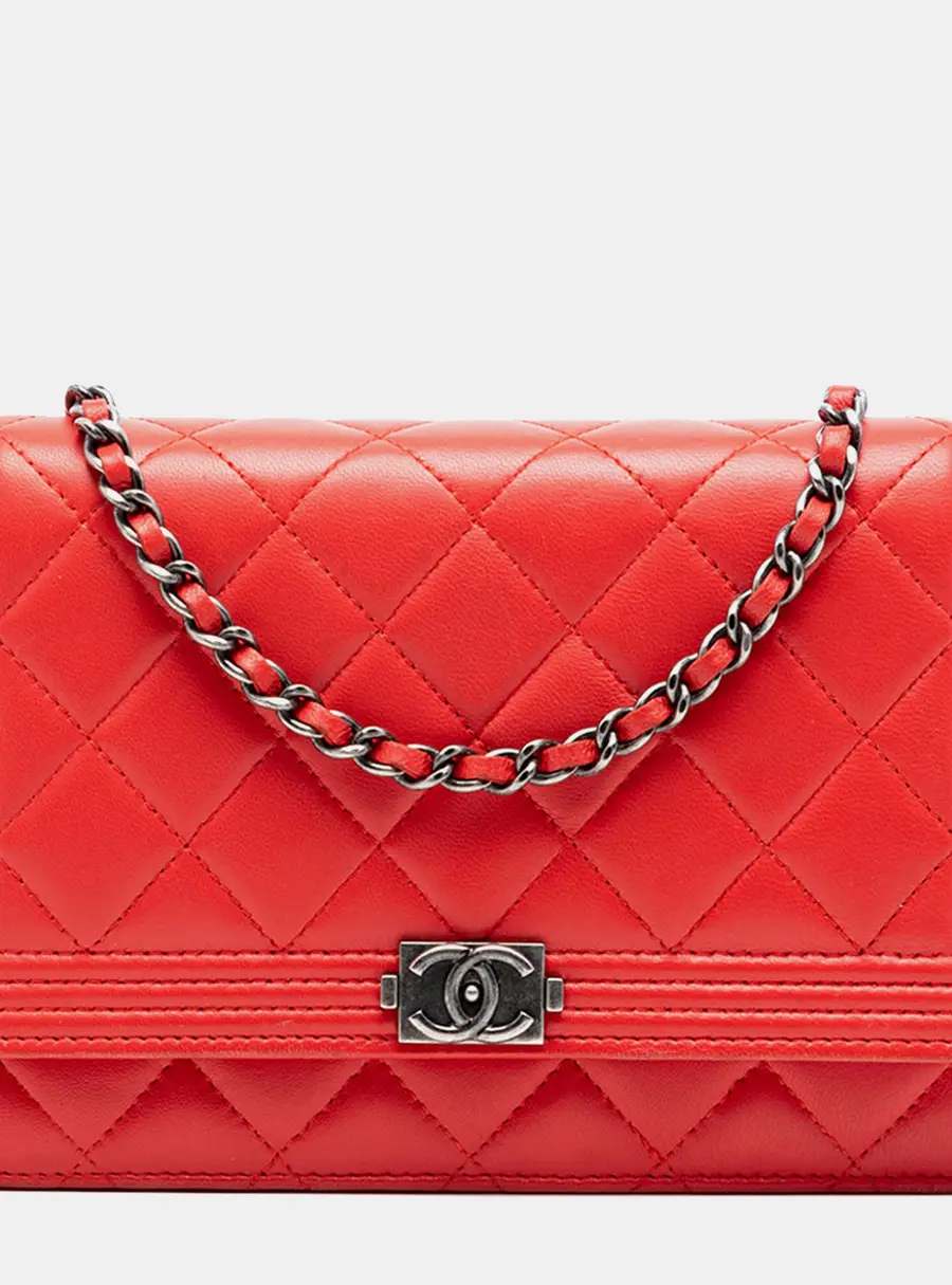 Chanel Boy Wallet On Chain Red Quilted Lambskin Leather Crossbody Bag
