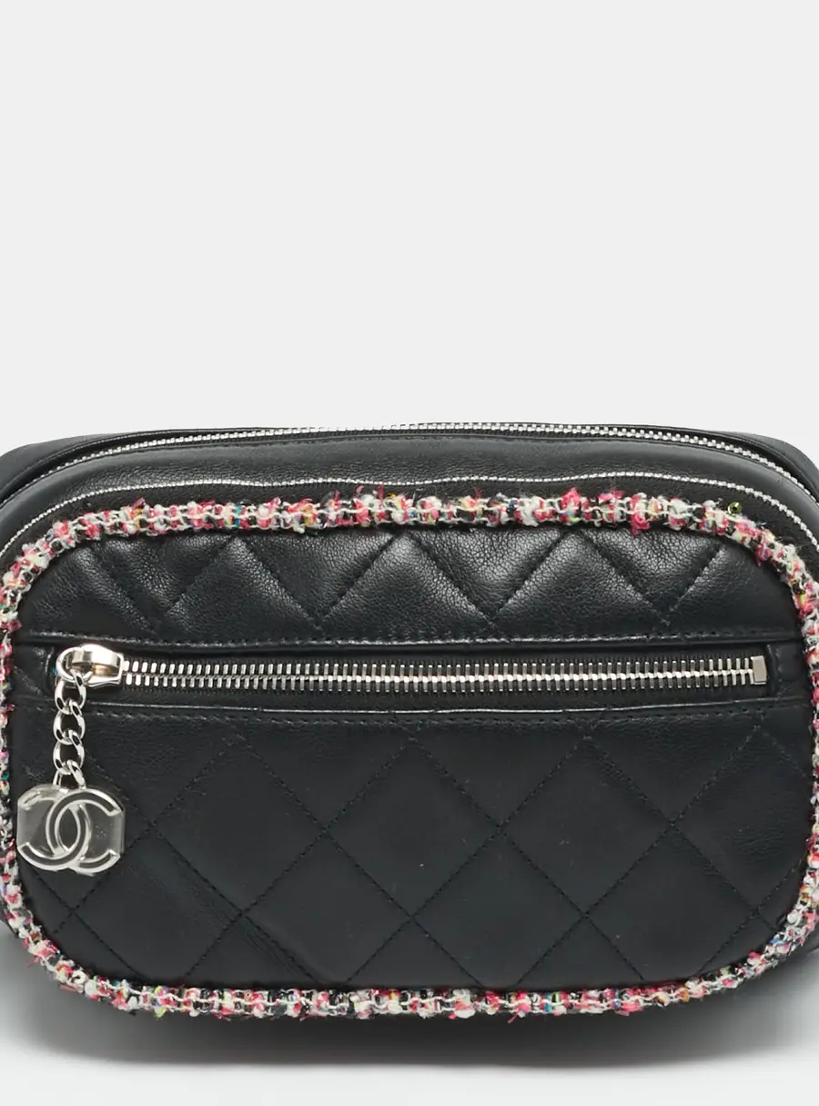 Chanel Elegant Black Quilted Leather and Tweed Trim Belt Bag