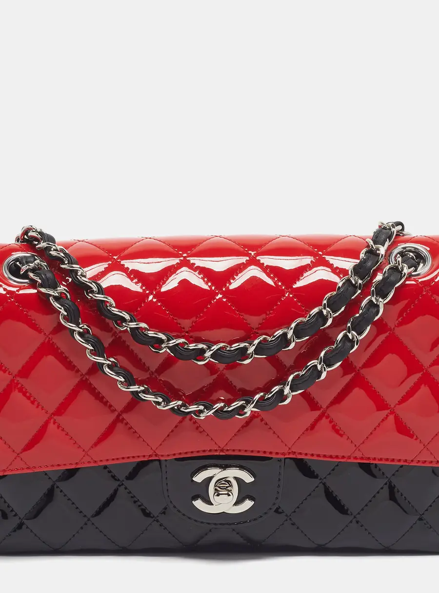 Chanel Classic Double Flap Medium Red/Black Quilted Patent Leather Bag
