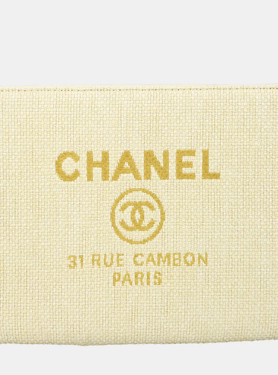 Chanel Deauville MM Yellow Raffia Canvas Pouch Bag