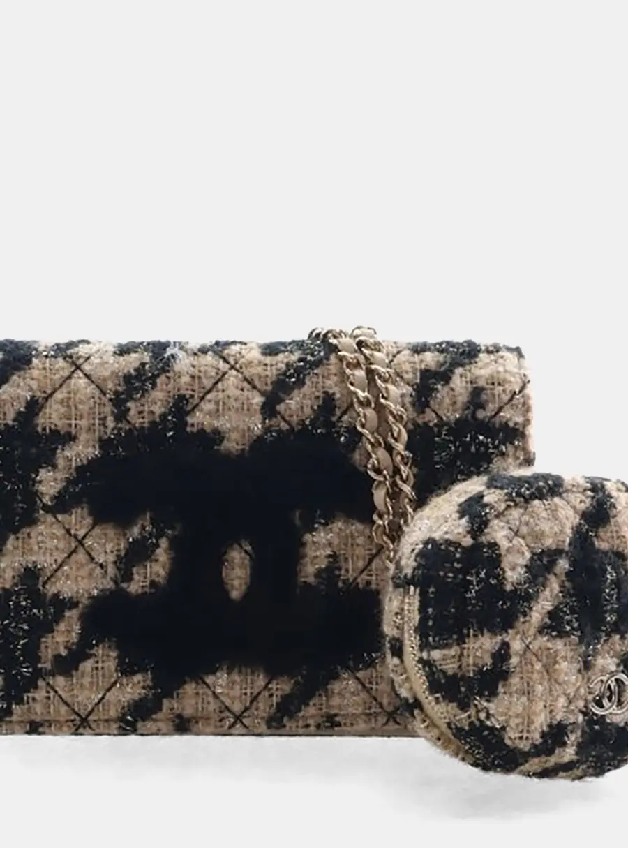 Chanel Wallet on Chain Black Beige Tweed Shearling Shoulder Bag