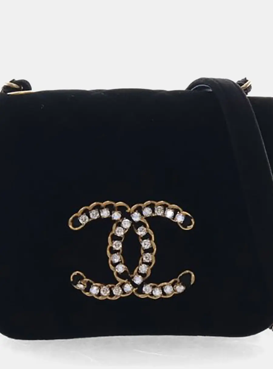 Chanel Mini Square Flap Black Velvet Shoulder Bag