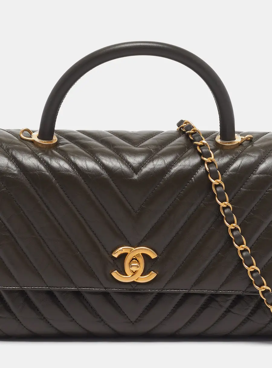 Chanel Coco Small Olive Green Chevron Aged Leather Top Handle Bag
