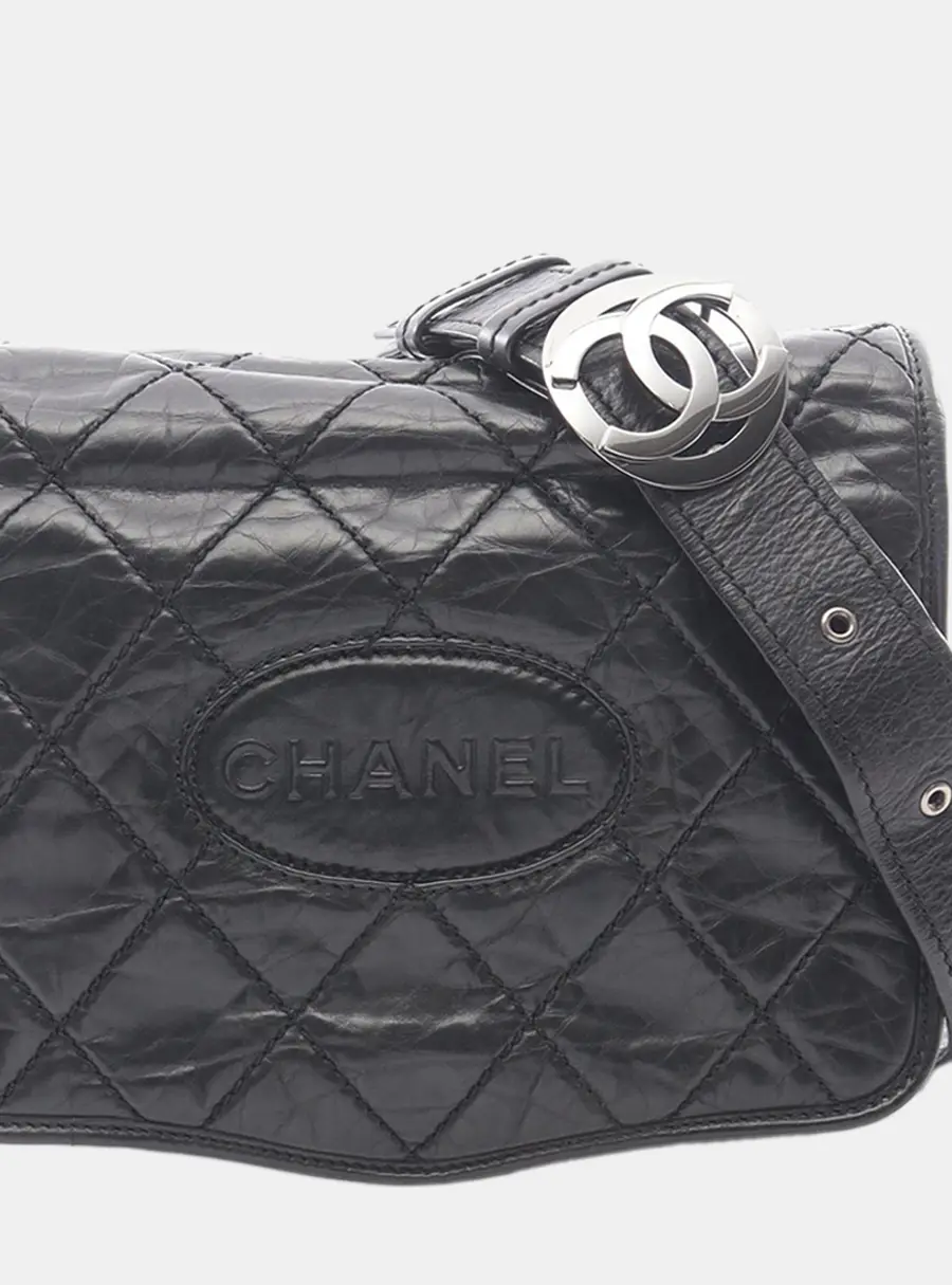 Chanel Black CC Aged Calfskin Logo Flap Messenger Bag