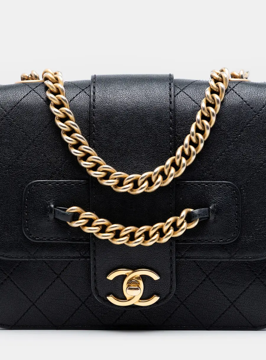 Chanel Front Chain Flap Large Black Quilted Sheepskin Leather Shoulder Bag