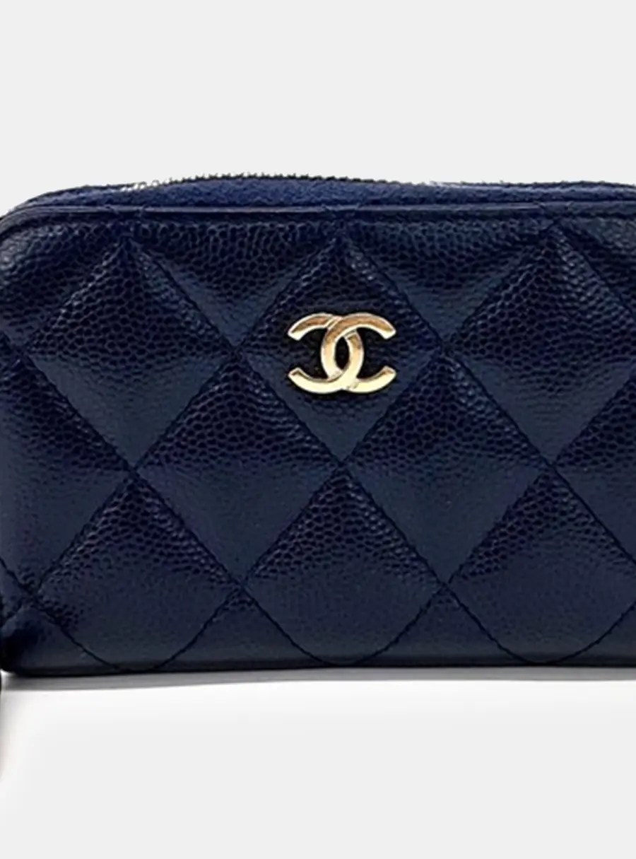 Chanel Quilted Zip Around Navy Blue Caviar Leather Wallet Bag