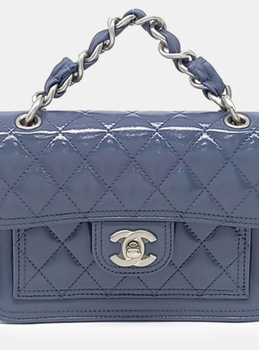 Chanel Top Handle Mini Flap Bag Blue Patent Leather Crossbody Bag