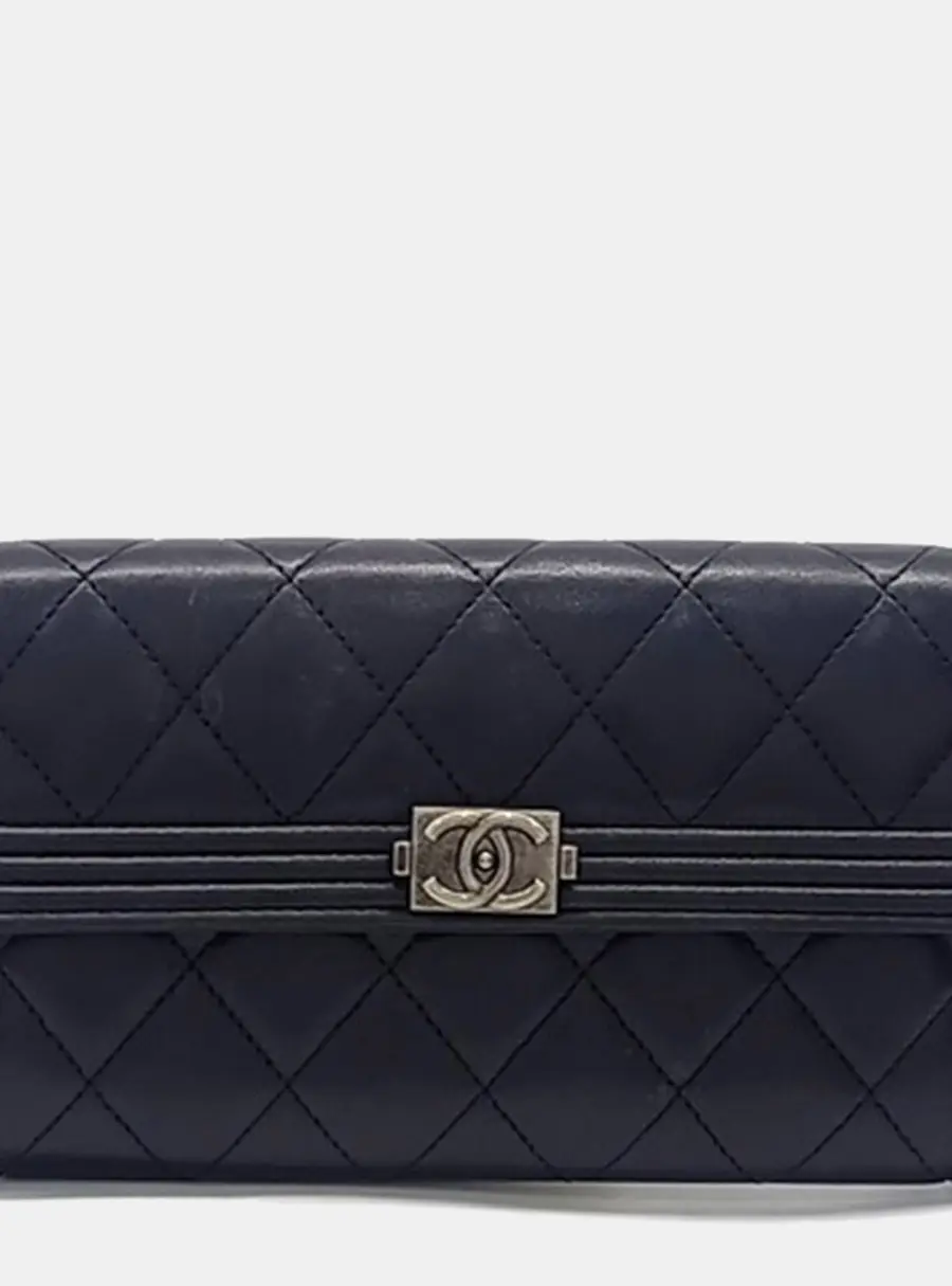 Chanel Boy Long Black Lambskin Leather Wallet Bag