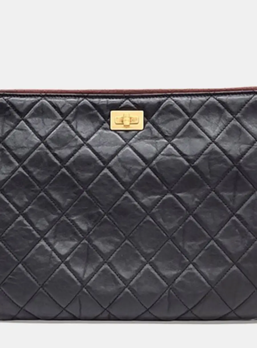 Chanel 2.55 New Medium Black Aged Calfskin Leather Clutch Bag