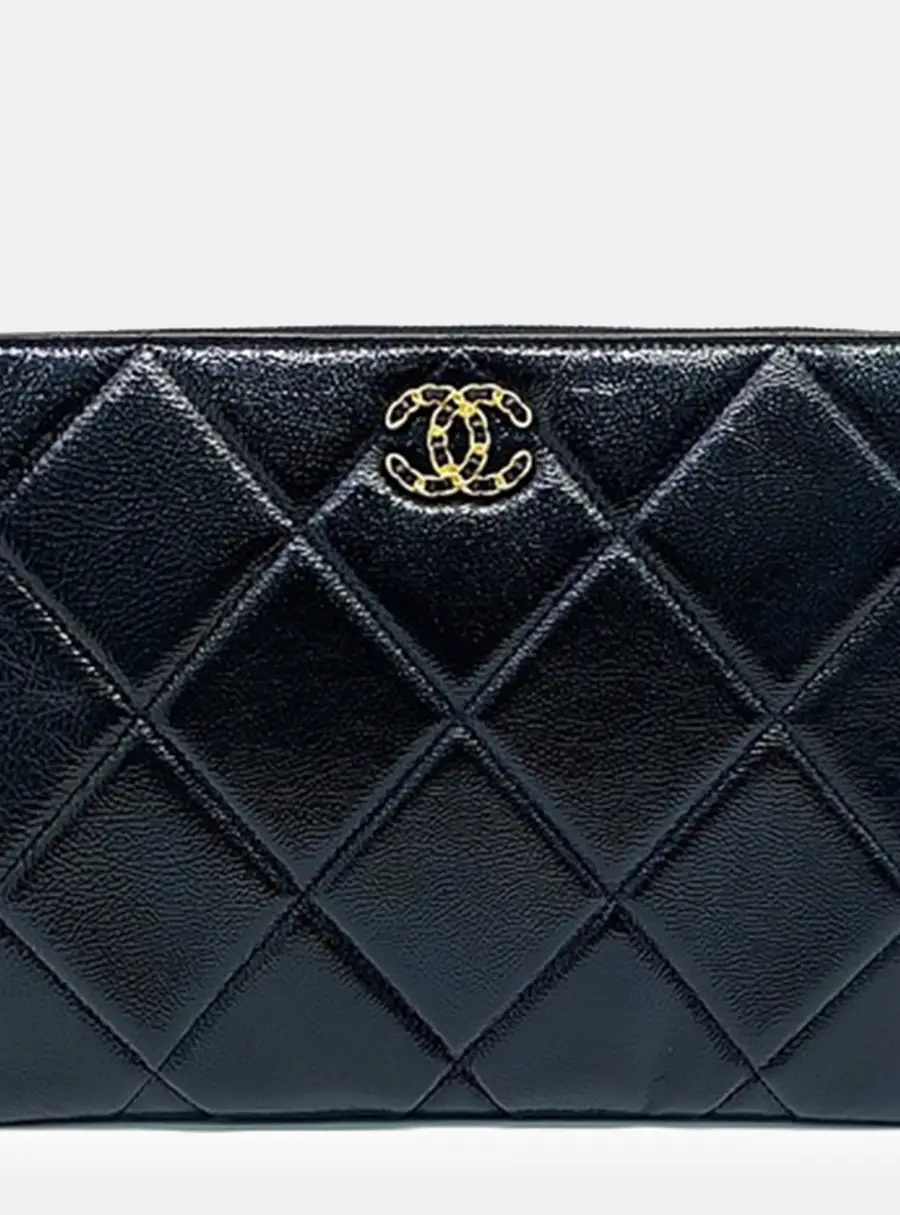 Chanel 19 Medium Black Crinkled Calfskin Leather Clutch Bag