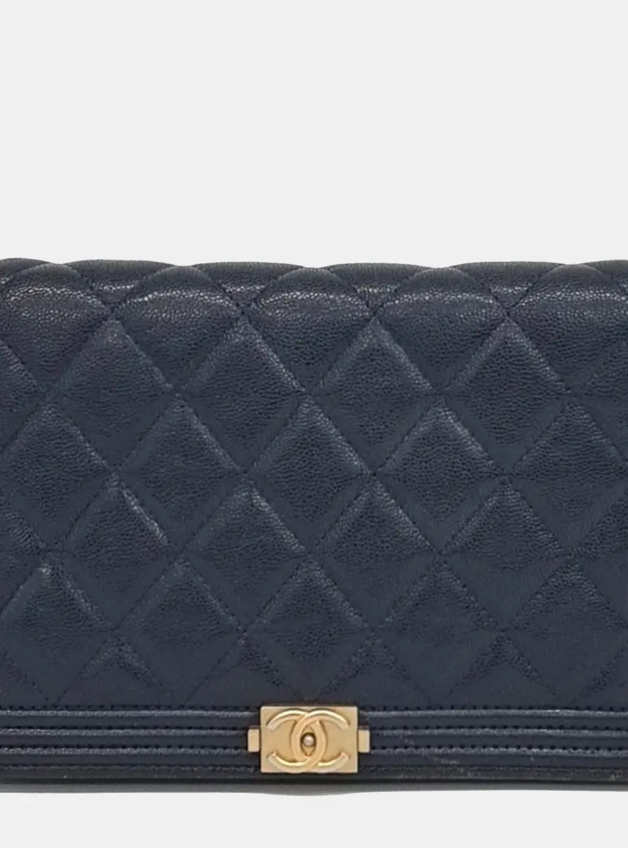Chanel Boy Small Navy Blue Caviar Leather Wallet On Chain Bag