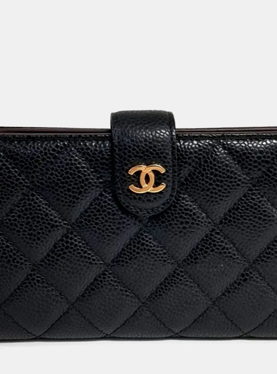 Chanel Quilted Black Caviar Leather Wallet Bag