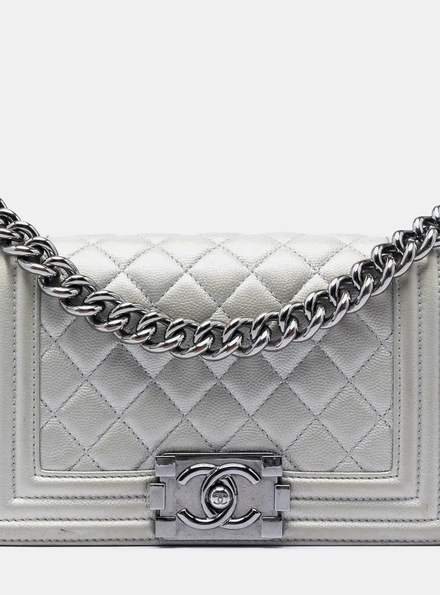 Chanel Boy Flap Small Silver Metallic Caviar Leather Shoulder Bag
