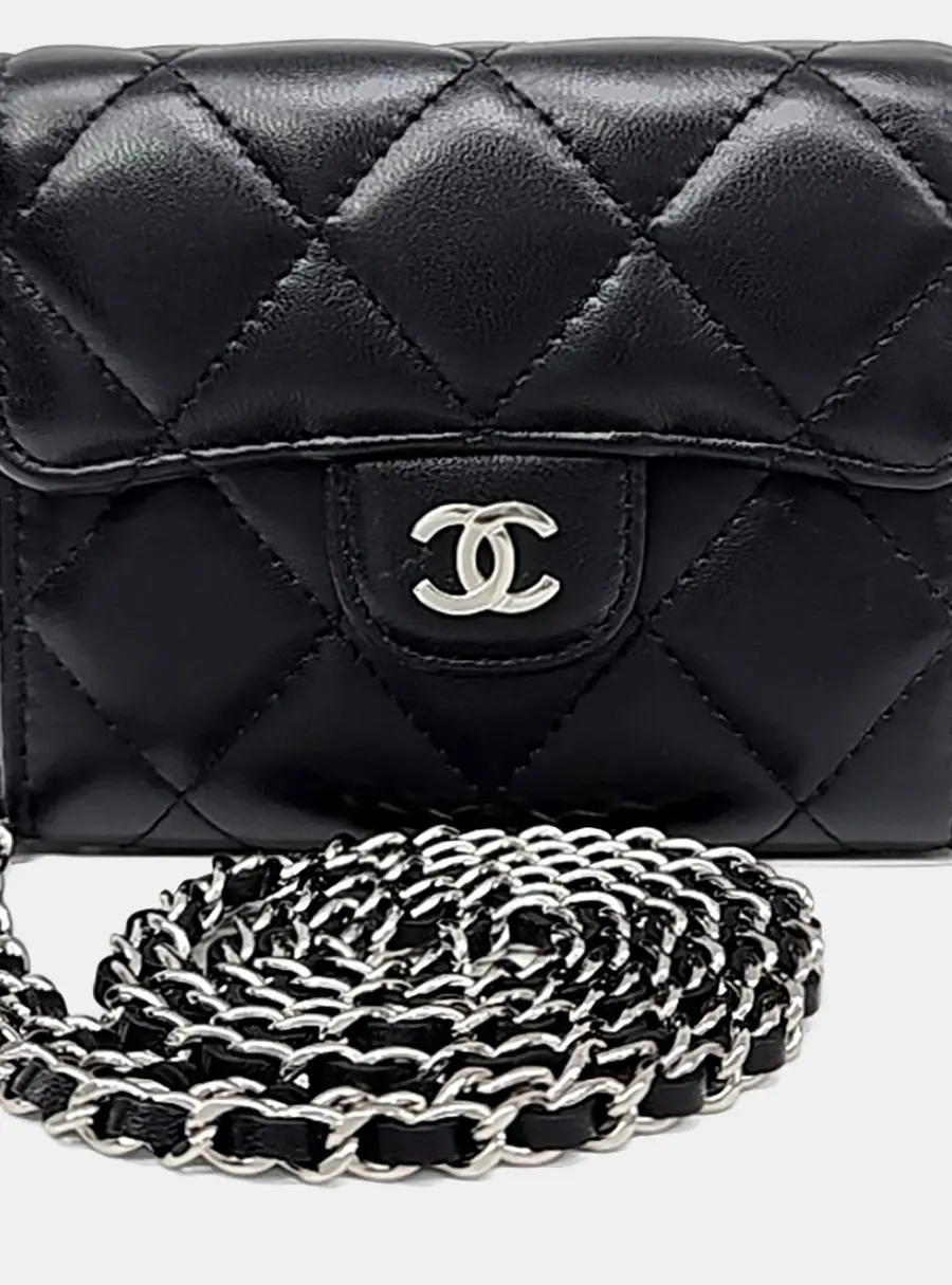 Chanel Chain Black Quilted Leather Card Holder Bag