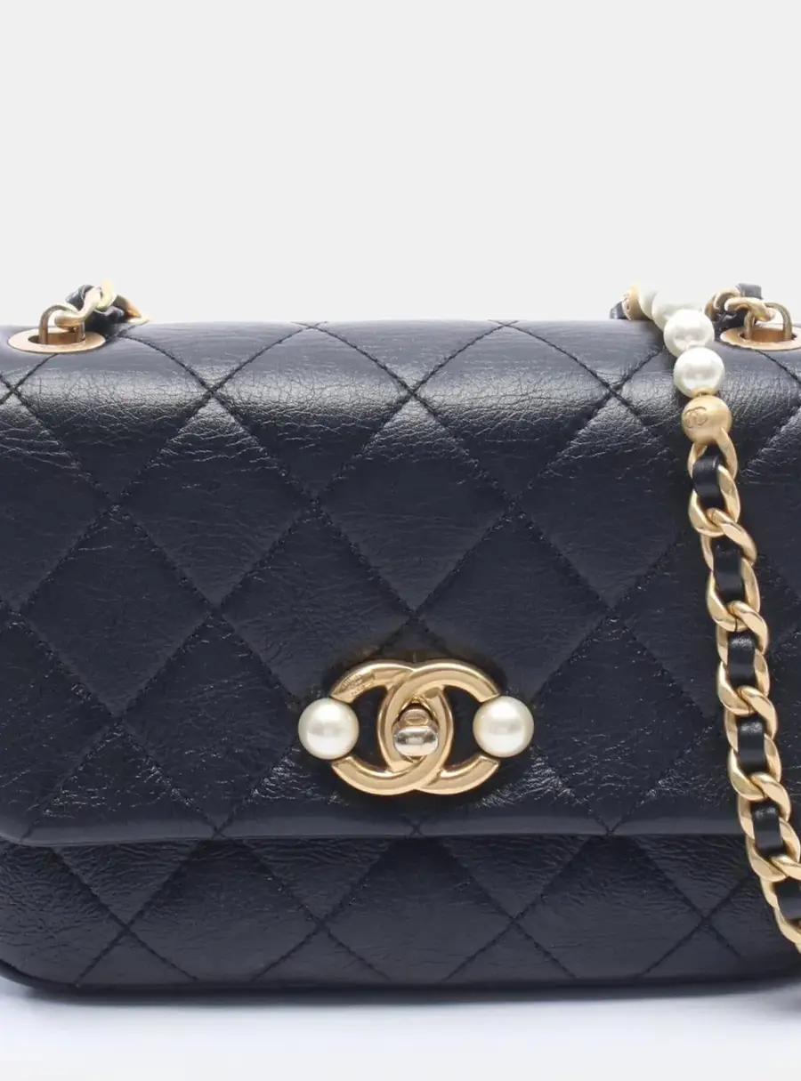 Chanel Pearl Side Small Black Leather Flap Shoulder Bag