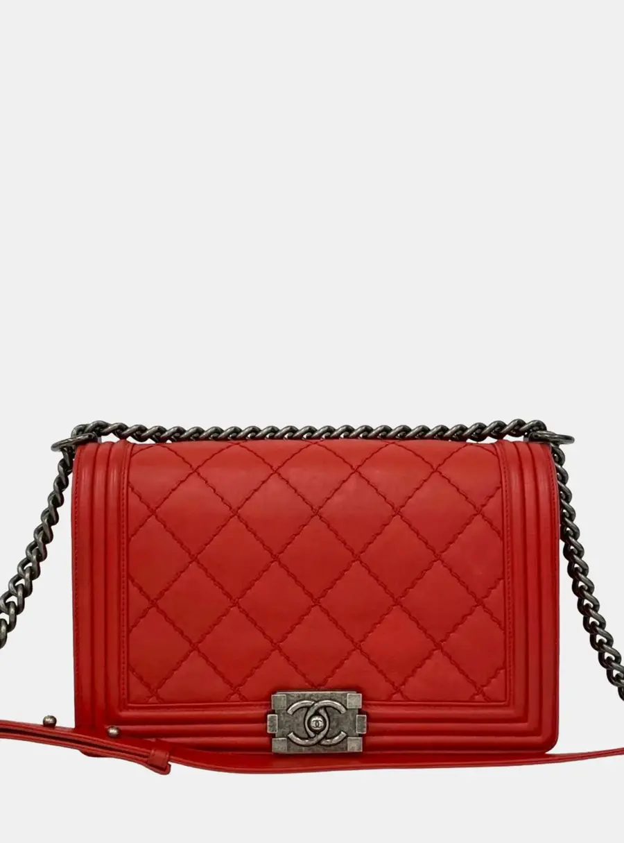 Chanel Boy Coco Mark Red Leather Semi-Shoulder Bag