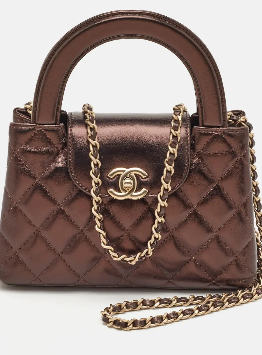 Chanel Kelly Nano Metallic Brown Quilted Leather Shoulder Bag