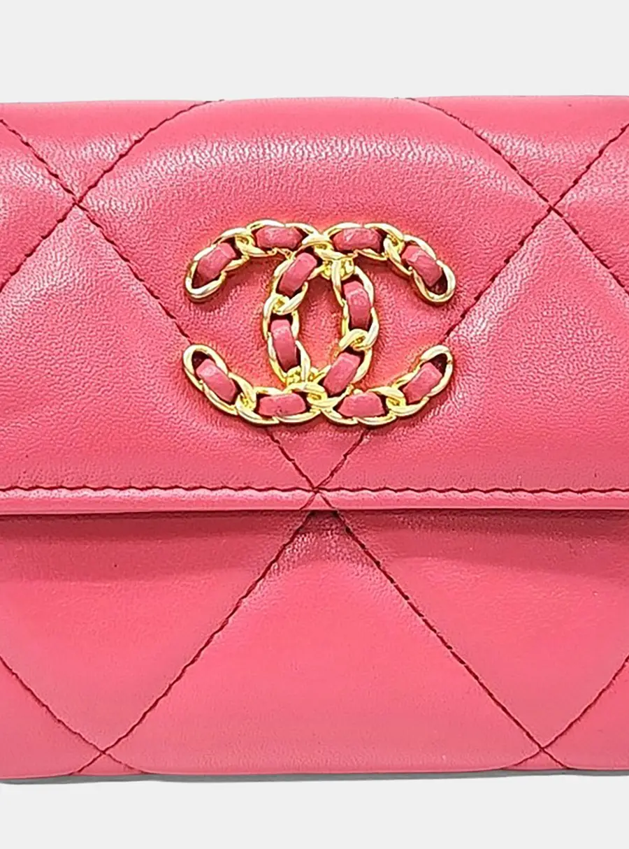 Chanel 19 Flap Pink Lambskin Leather Wallet Bag