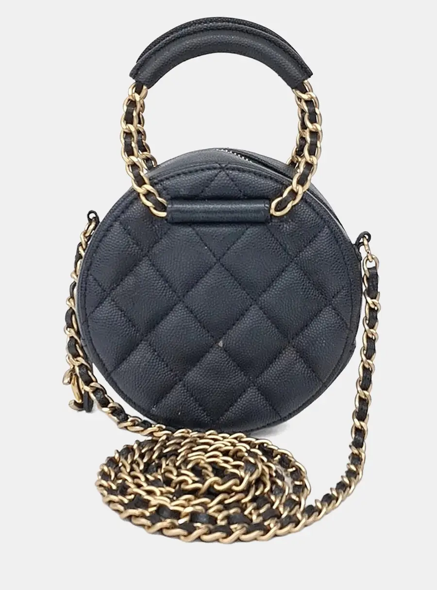 Chanel Black Caviar Round Top Handle Chain Crossbody Bag