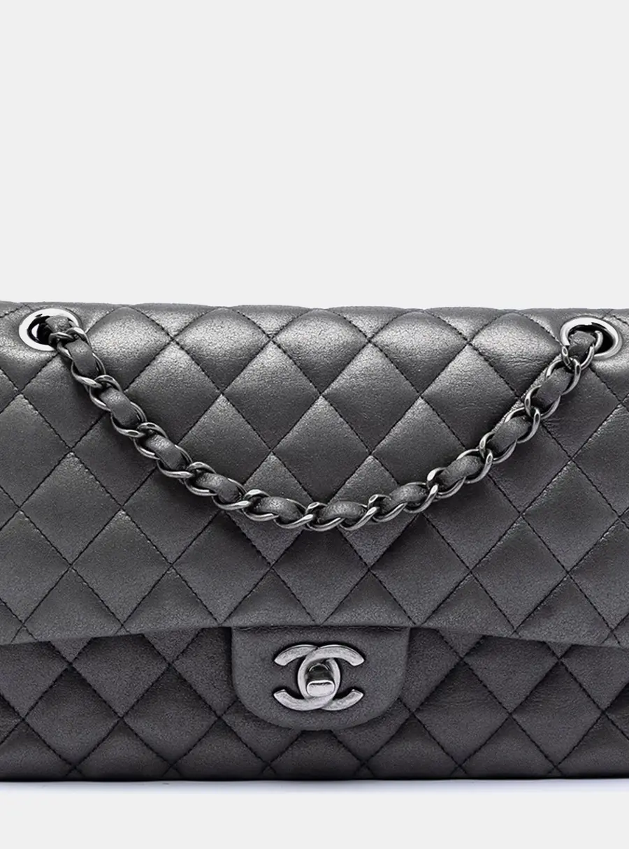 Chanel Classic Medium Iridescent Grey Quilted Lambskin Leather Double Flap Bag