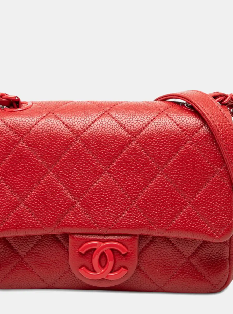 Chanel Mini Square Flap Red Caviar Leather Shoulder Bag