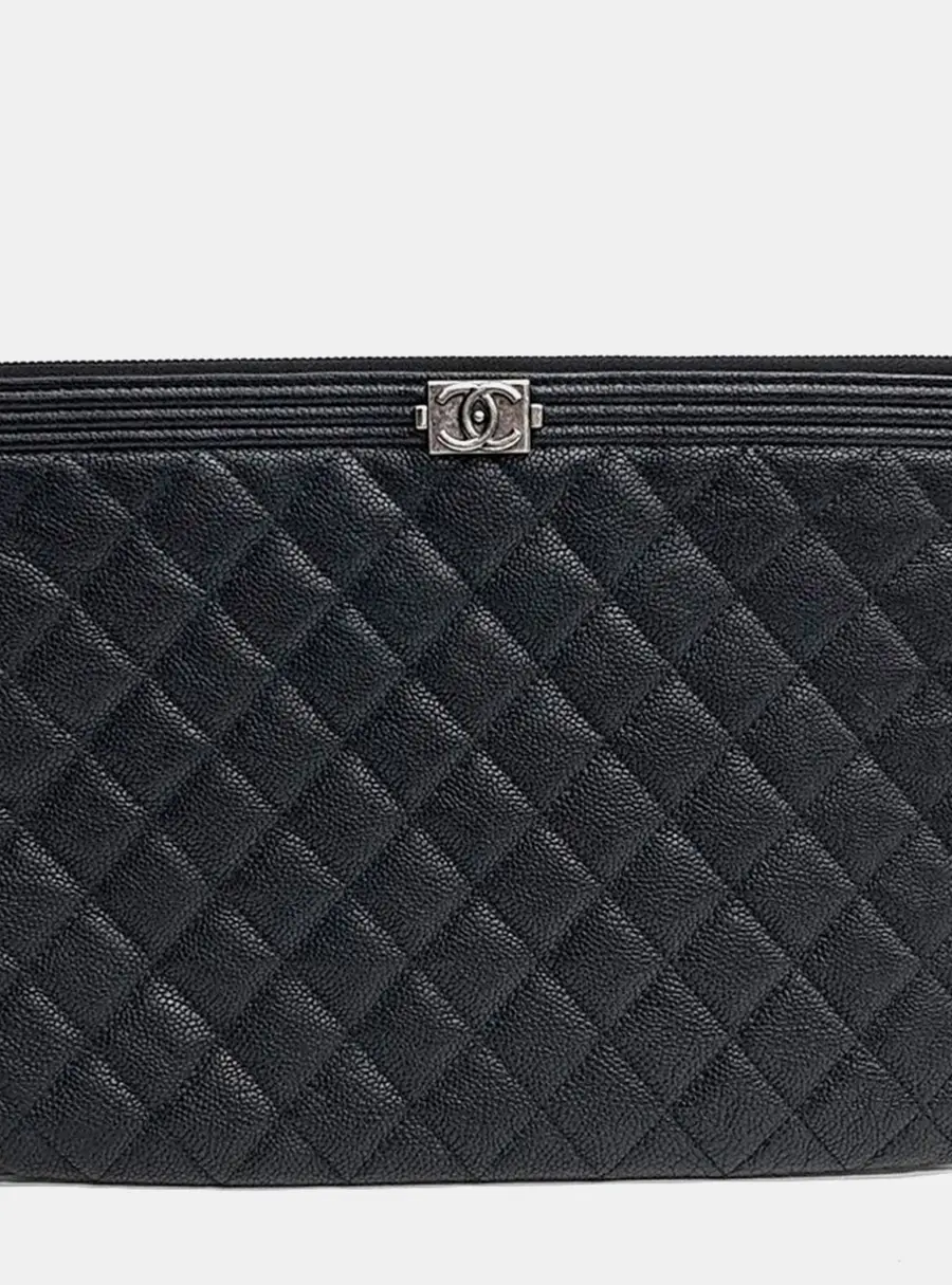 Chanel Boy New Medium Black Grained Calfskin Leather Clutch Bag