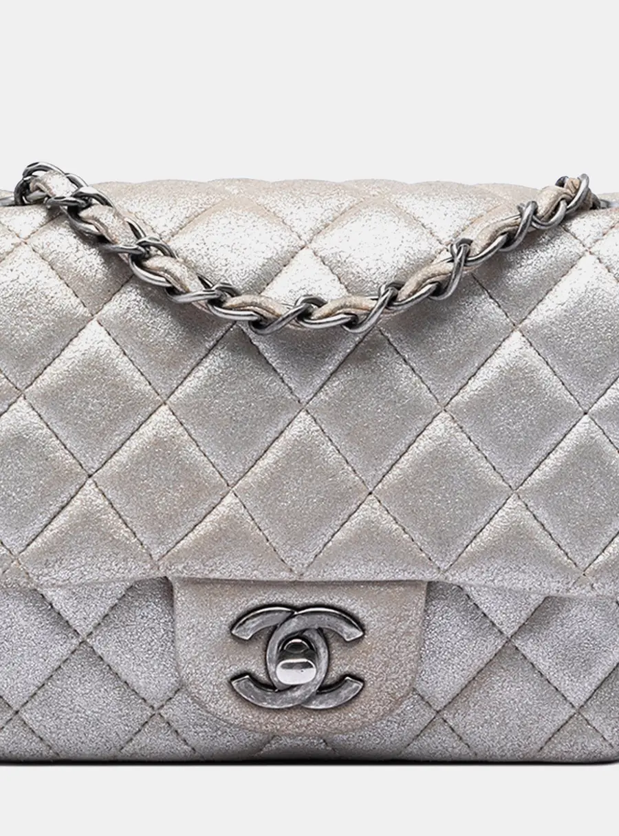 Chanel Mini Square Classic Metallic Lambskin Silver Shoulder Bag