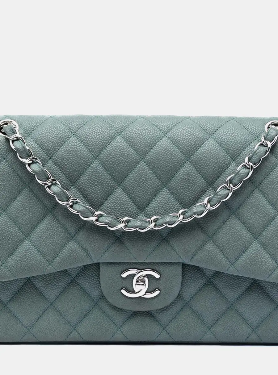 Chanel Classic Jumbo Green Iridescent Caviar Leather Double Flap Bag