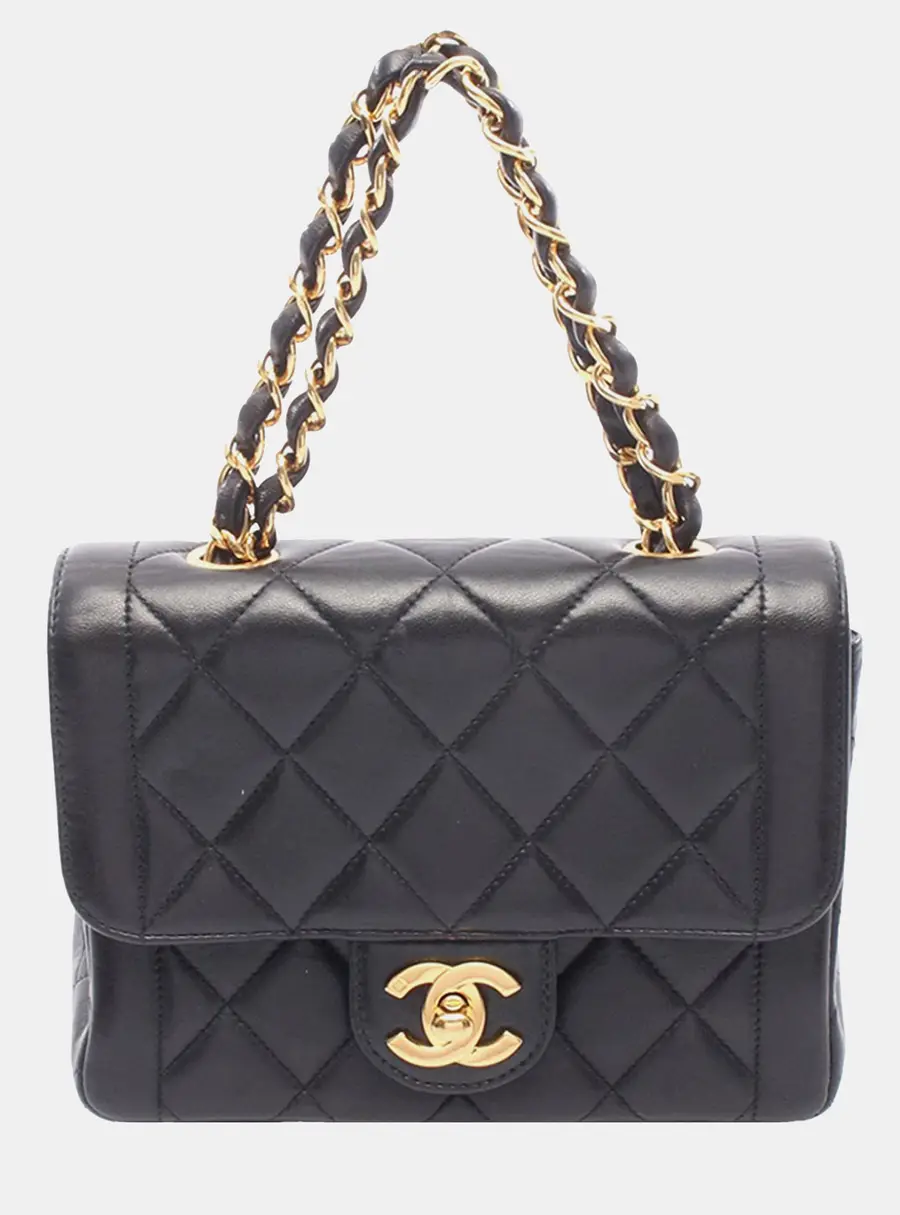Chanel Mini CC Single Flap Black Lambskin Leather Top Handle Bag
