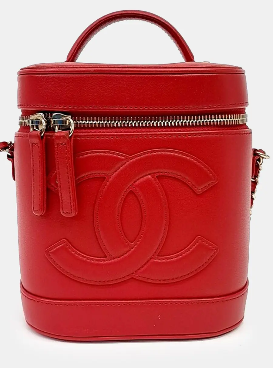 Chanel Cosmetic Case Red Calfskin Leather Top Handle Bag