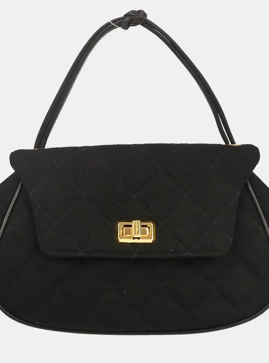 Chanel Mademoiselle Lock Small Black Quilted Cotton Top Handle Bag