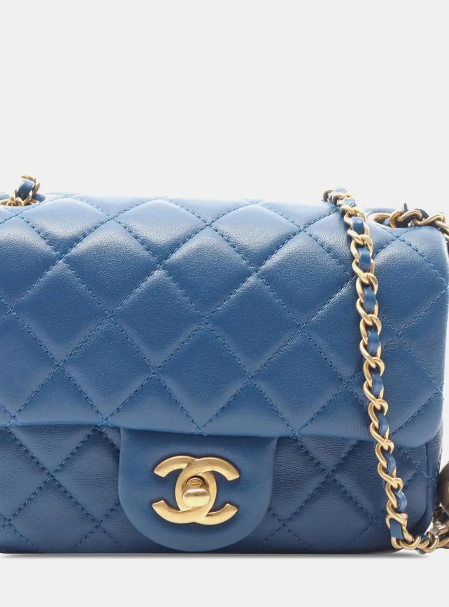 Chanel Mini Square Classic Blue Lambskin Leather Pearl Crush Single Flap Bag